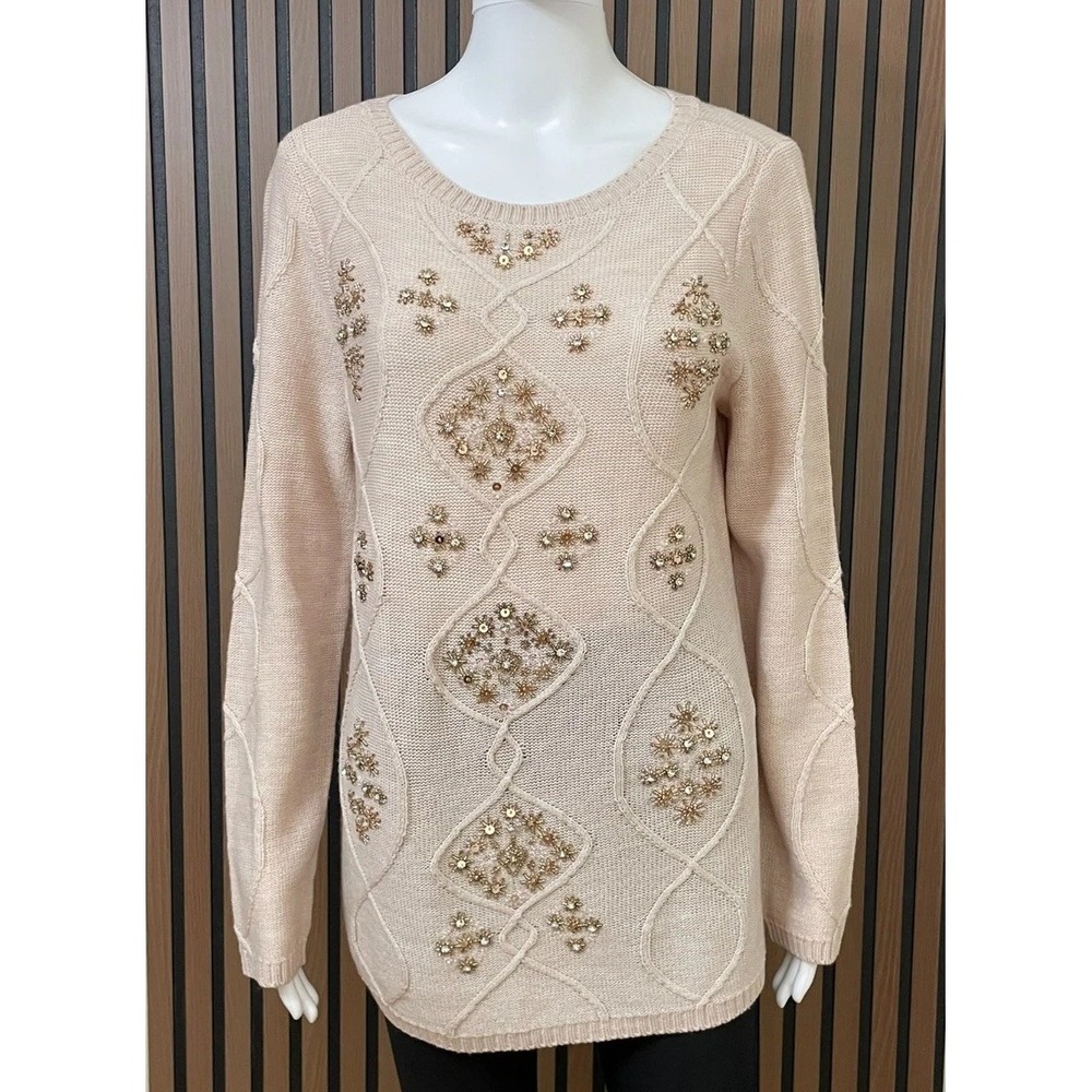Soft Surroundings Isra Women's M Brown Sweater Acrylic Cable Knit Embellished